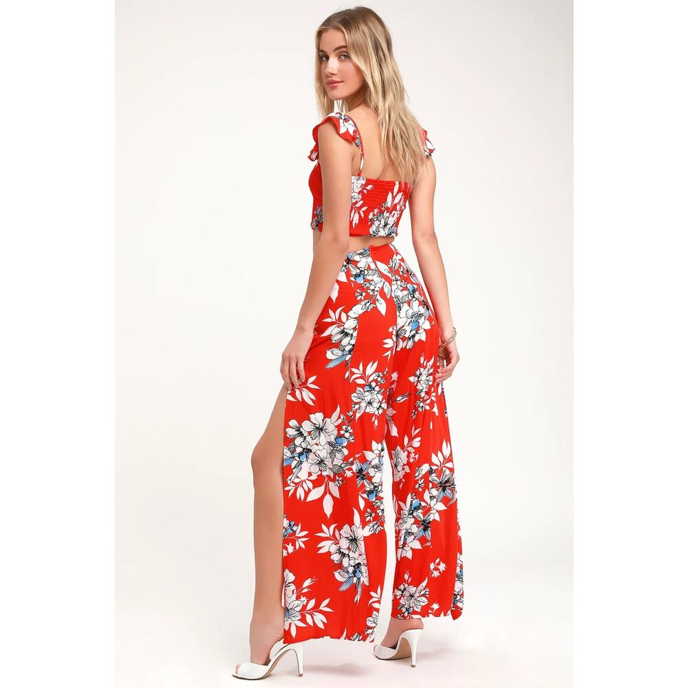 Lulus All Abloom Red Orange Floral Print Matching Two-Piece Jumpsuit S